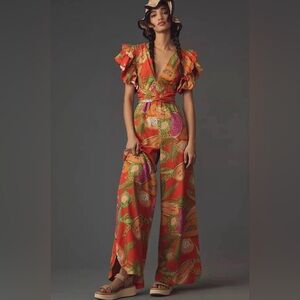 Farm Rio x Anthropologie Fruits Ruffle Sleeve Deep V Jumpsuit - Size Medium